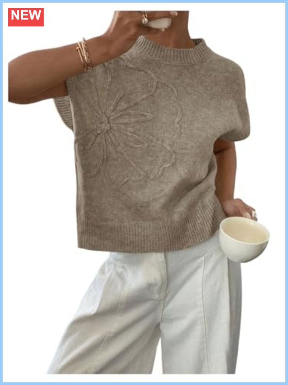 Short Sleeve Business Casual Sweater 3D Floral Crochet Ribbed Knit Top